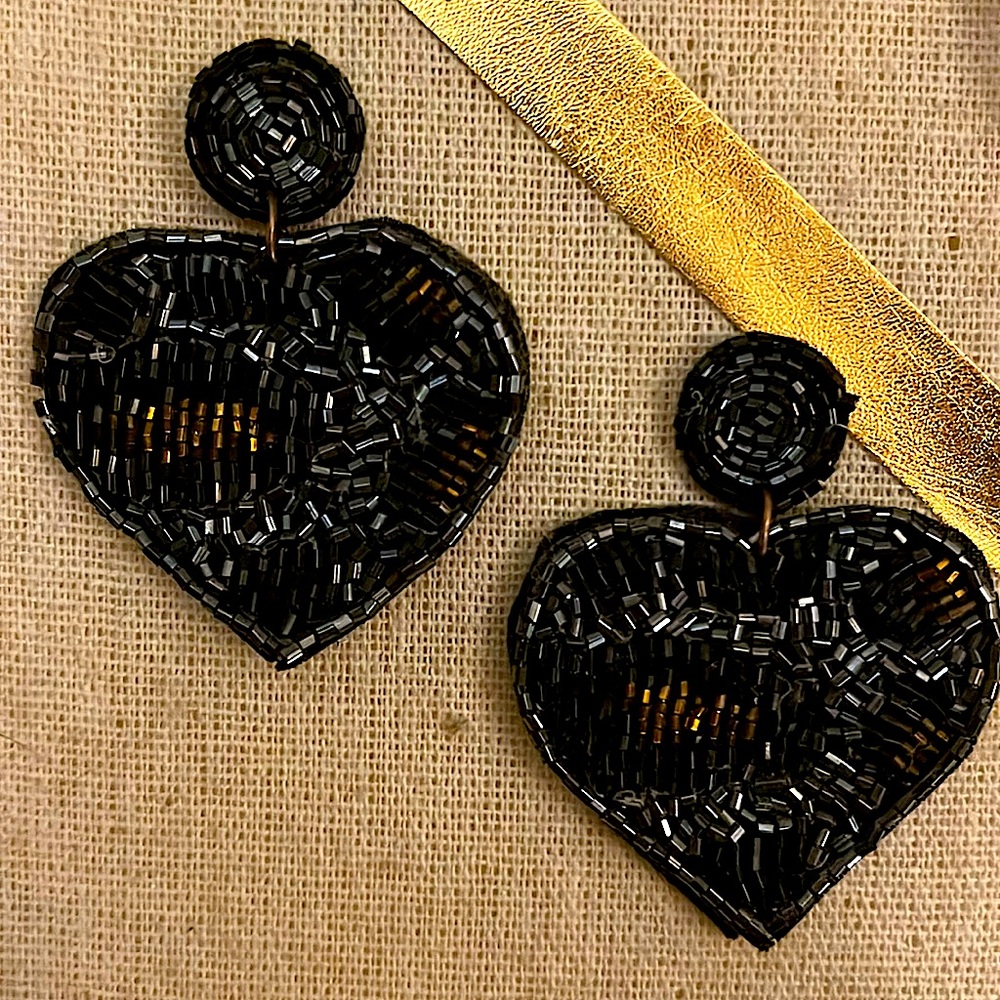 Lightweight drop earrings; charcoal grey, black, & copper leopard print beading